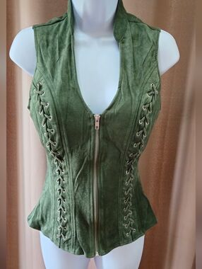NWT Lydia U.S.A. Faux Suede Lace‑Up Vest • Green Zip Front • Boho Western